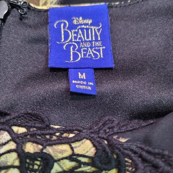 Disney Beauty and the Beast Dress Womens Sz M Black Chiffon Novelty Print Zipper - Picture 3 of 15
